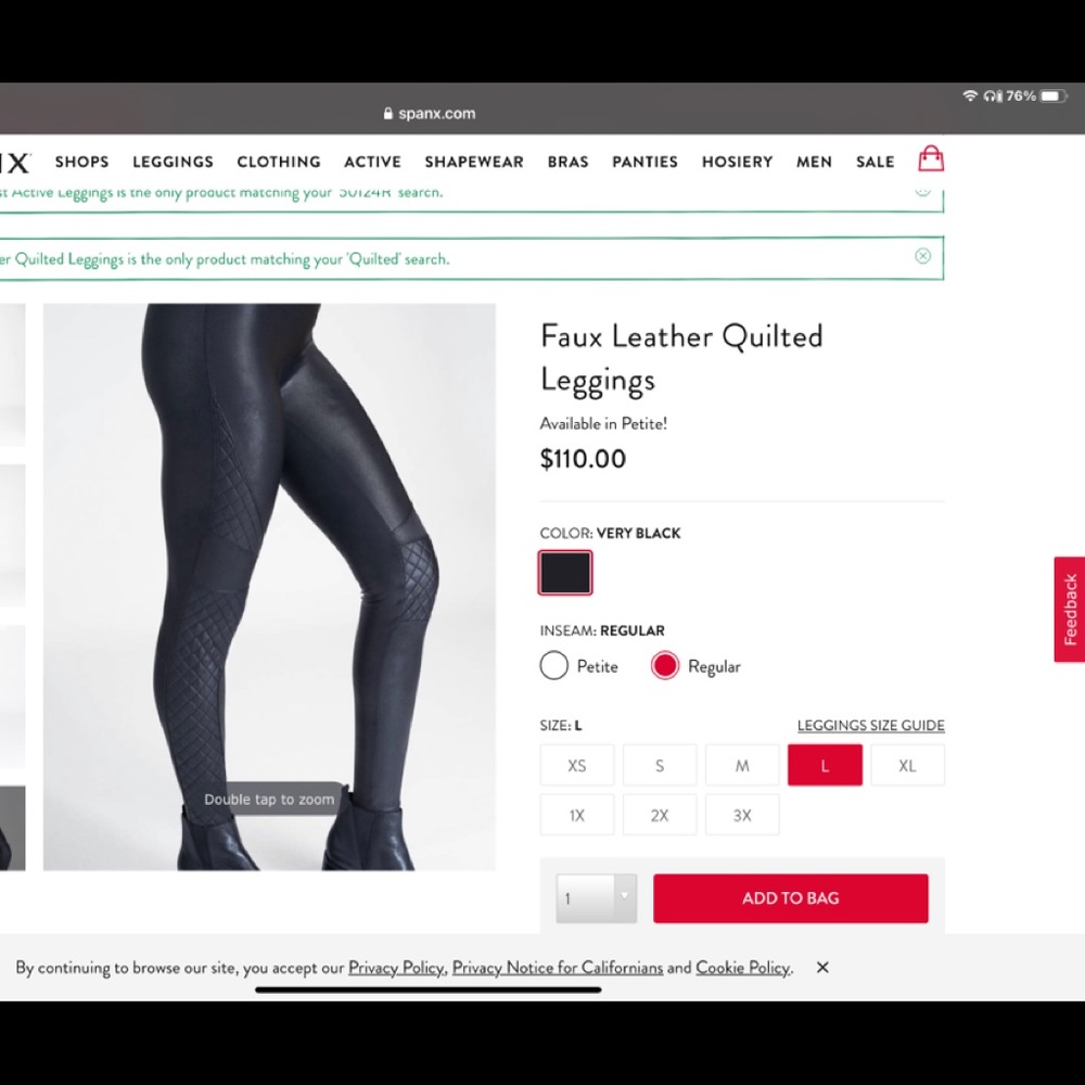 NWT - Spanx Black Faux Leather Quilted Leggings L